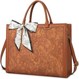 Floral Embossed Tan Tote Bag with Bow Accent